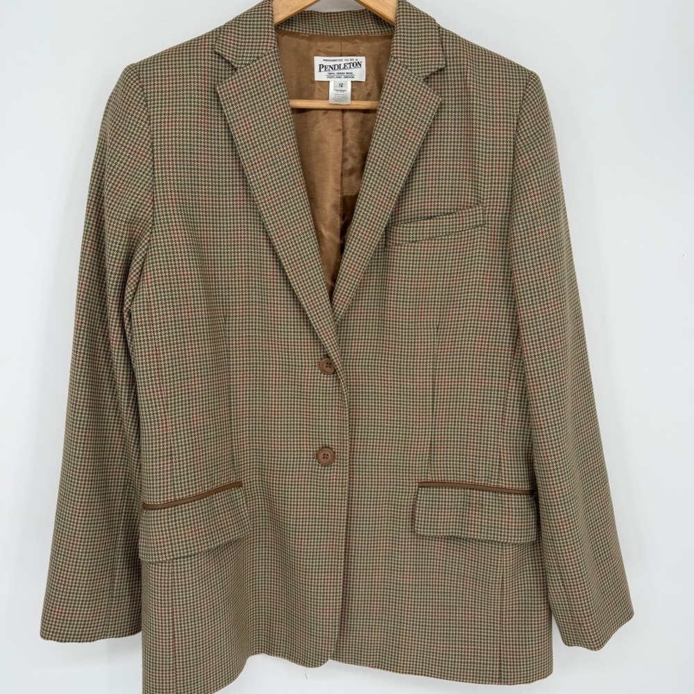 Pendleton 100% Virgin Wool Houndstooth Blazer Tan Green Red Plaid Jacket Sz 12